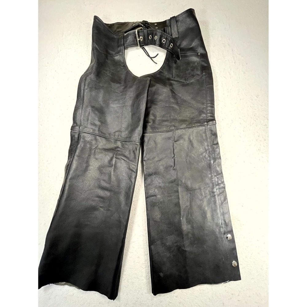 Event Leather Motorcycle Chaps Mens Medium Black Ankle Snap Belted Biker Riding